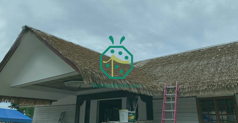 Park restaurant roof decoration with plastic palm leaf thatch