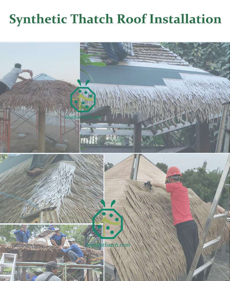 Residential or commercial fake thatch roof shingles installation for gazebo, cottage, palapa, tiki hut, or resort overwater villa room