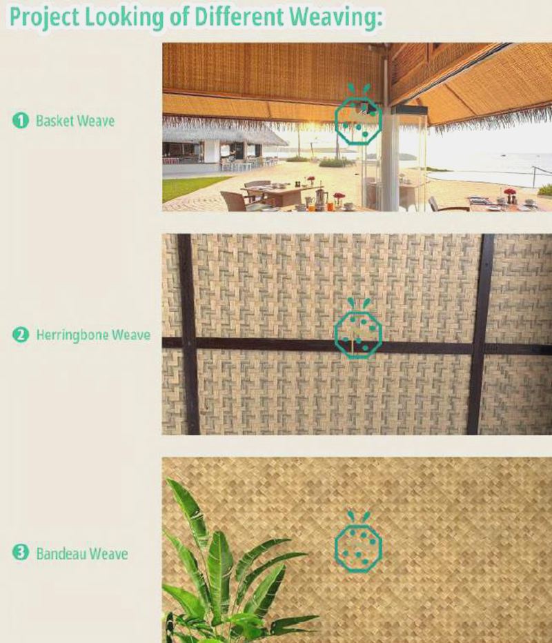 Woven bamboo for interior wall and ceiling design of resort hotel bungalow guest room, park palapa, bohio restaurant, villa gazebo, beach front tiki hut construction, SPA, tiki bar, bali hotel