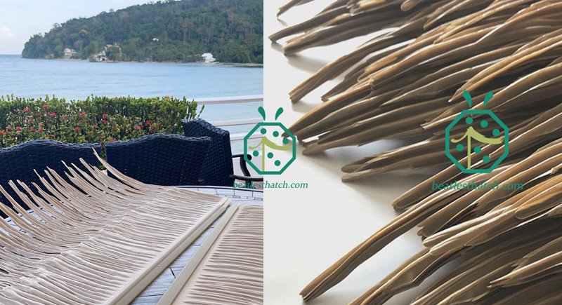 Plastic HDPE palm thatch roof covering for waterfront bungalow in tropical resort hotel