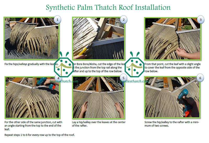 Fake palm leaf thatch roofing installation for backyard DIY palapa construction