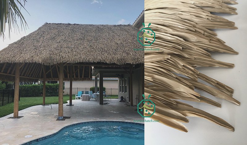 Fireproof faux palm thatch panel for sloped roofs at theme parks, palapa roof, garden gazebo, tiki bar restaurant, Bohio villas, resort cottage building