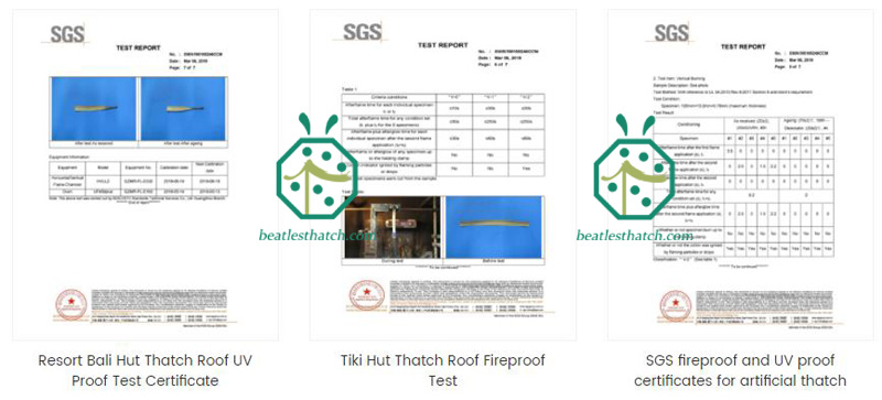 Flame resistant fake palm thatch roof covering SGS test report under UL 94-2013