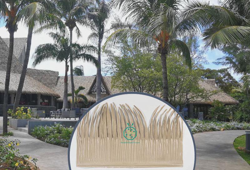 Fireproof imitation palm leaf thatch roof tiles used for zoon park sunshade thatched roof construction or thatch repairs of tiki hut, bali hut, Bohio resort hotel, palapa, park gazebo