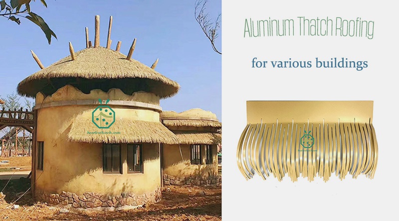 Various Asia style patio roof applications to use metal aluminum thatch roof tiles