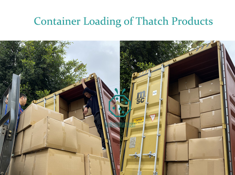 Container loading for fake reed thatch roof for overseas market Container loading for fake reed thatch roof for overseas market