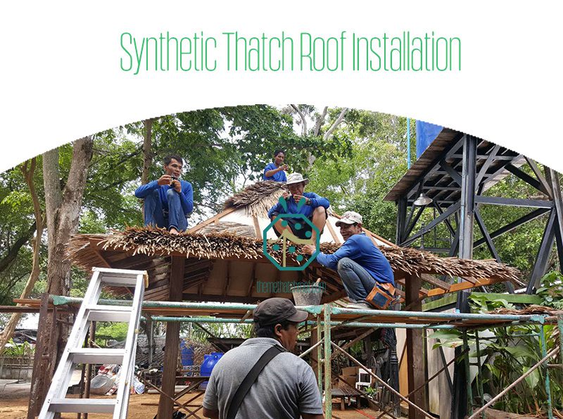 Installation of synthetic thatch roof covering Installation of synthetic thatch roof covering