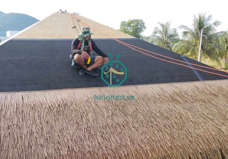 Install of beatles synthetic thatch on plywood and waterproof materials