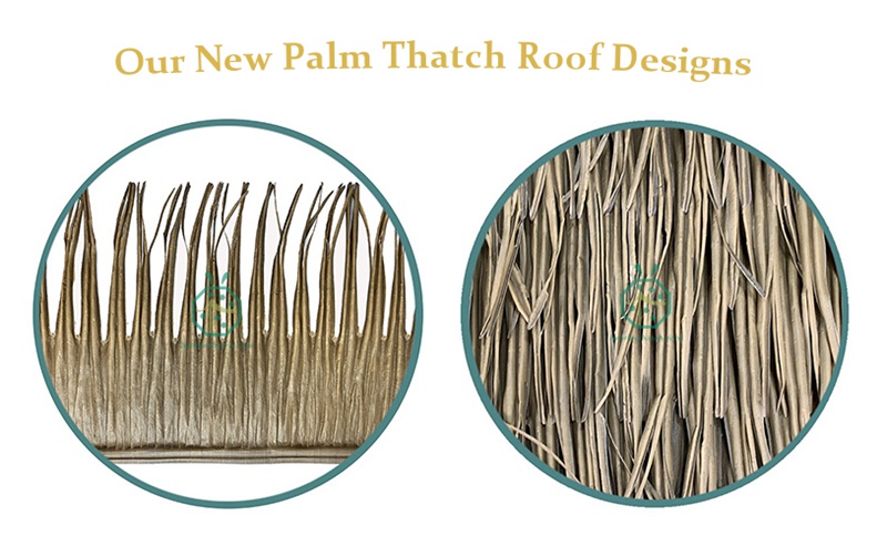 Closeup photos of artificial palm tree thatch products