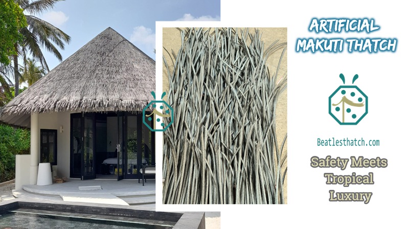 Synthetic makuti thatch roofing for waterfront bungalow construction