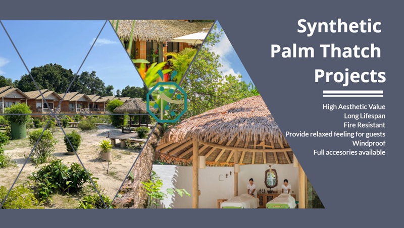 Synthetic palm thatch roof materials for beach palapa house roof decoration