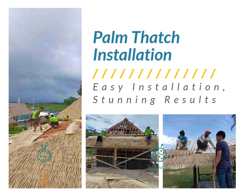 Synthetic viva palm fronds thatch roof used for garden shed, resort palapa, tiki hut restaurant, theme park bali hut, beach house, gazebo, overwater bungalow construction Synthetic viva palm fronds thatch roof used for garden shed, resort palapa, tiki hut restaurant, theme park bali hut, beach house, gazebo, overwater bungalow construction