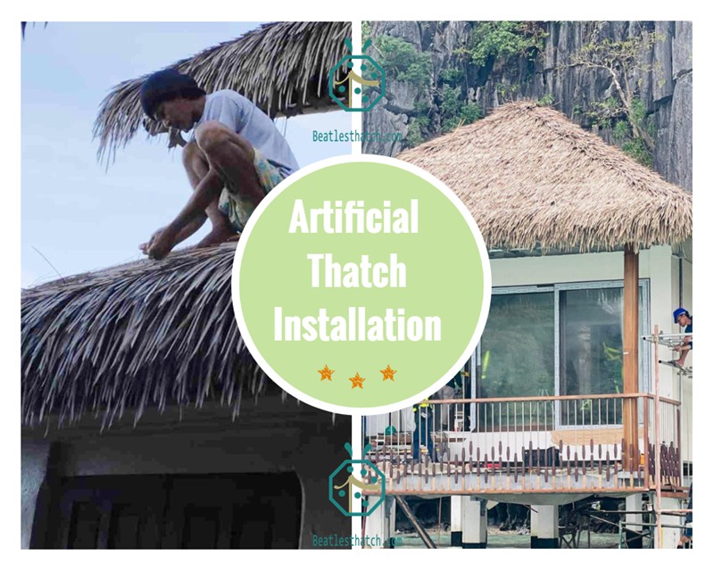 Artificial thatch roof installation for tiki hut Artificial thatch roof installation for tiki hut