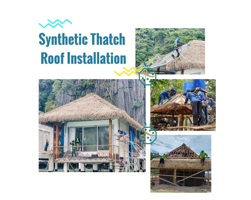 Installation of artificial thatch roof panels Installation of artificial thatch roof panels