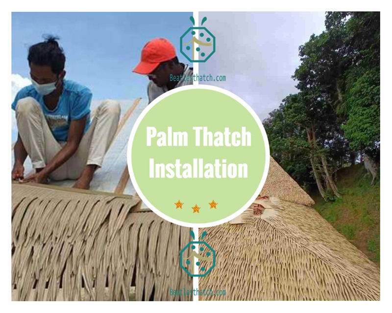 Installation of synthetic palm thatch roof on wooden lodge cabin buildings