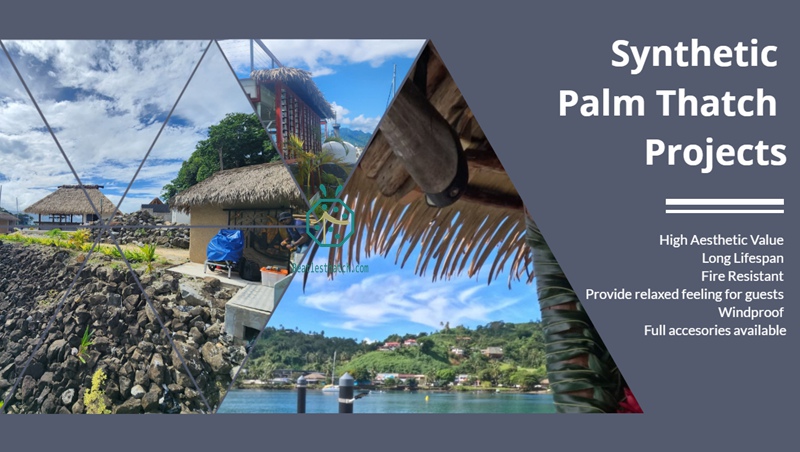 HDPE Plastic Palm Tree Thatch Roof Projects for Tourism Village Villa Bungalow Construction