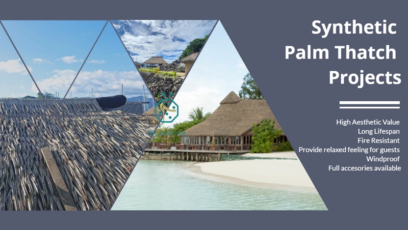 Hideaway resort hotel beach villa guest room thatch roof replacement with plastic palm thatch roof tiles