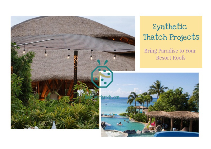 Synthetic tahiti thatch roof for waterfront landscape design for beach hotel villas