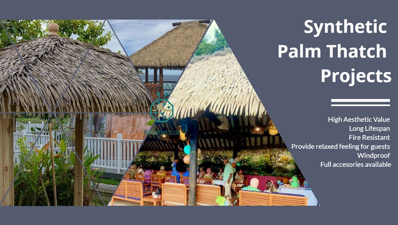 Amusement park sunshade thatch roof replacement with plastic palm thatch roof tiles