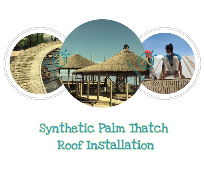 Synthetic viva palm fronds thatch roof used for garden shed, resort palapa, tiki hut restaurant, theme park bali hut, beach house, gazebo, overwater bungalow construction Synthetic viva palm fronds thatch roof used for garden shed, resort palapa, tiki hut restaurant, theme park bali hut, beach house, gazebo, overwater bungalow construction