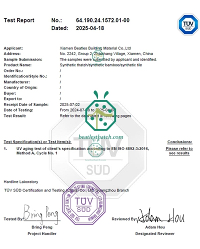 5000 Hours Artificial Thatch Roof UV Retardant Test Report