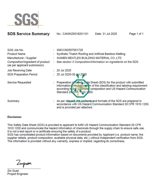 Beatles MSDS Certificate for Artificial Thatch and Woven Matting