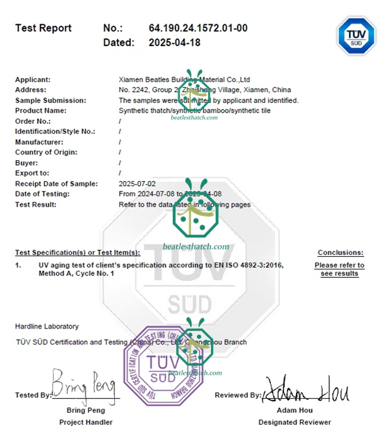 Synthetic Thatch & Bamboo Products Pass 5000-Hour UV Test, Ensuring 15-20 Years of Durability